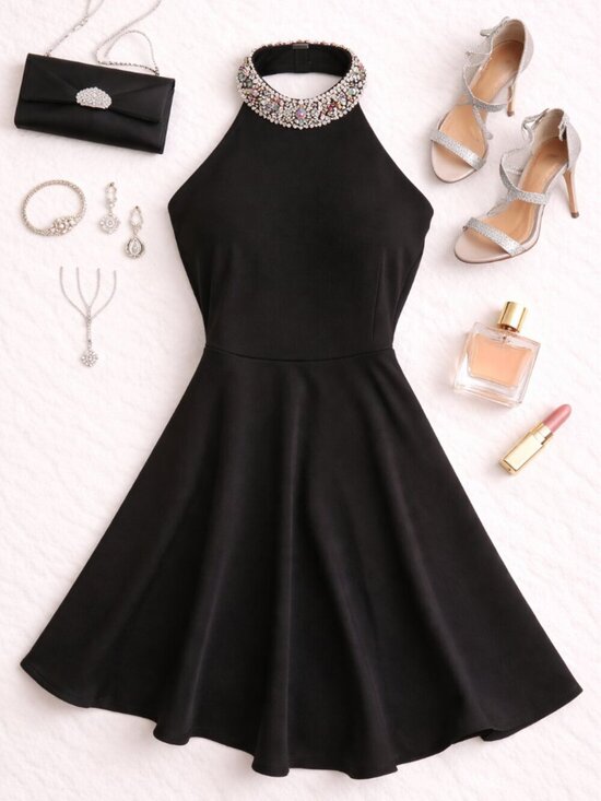 Lulus Dresses & Skirts - Lulus Black Halter Dress Embellished Neckline Fit Flare Sz S